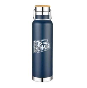 A dark blue insulated water bottle with a stainless steel and bamboo cap. It features a white 'Glass and Growlers' logo on the front.