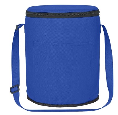 A royal blue cylindrical cooler bag with a black zipper, front pocket, and shoulder strap.