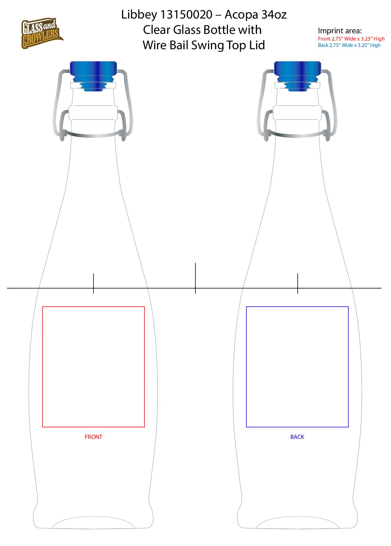 Libbey 13150020 - 34oz Bottle with Blue Swing Top Lid