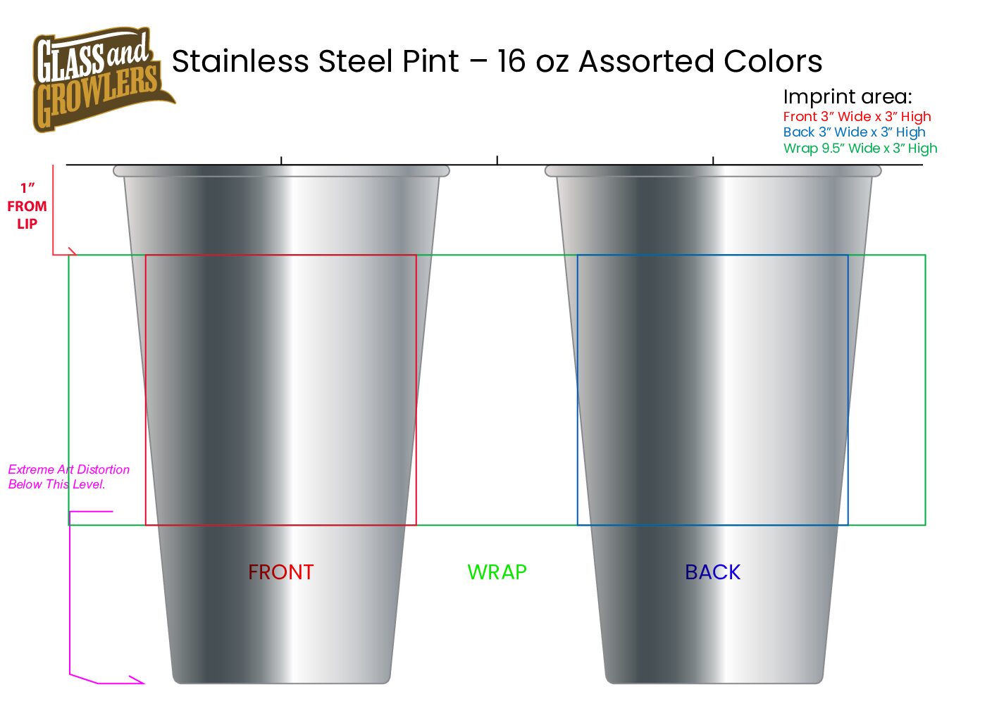 Stainless Steel Pint - 16 oz Assorted Colors