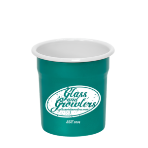 Teal enamelware cup with a white rim and the 'Glass and Growlers' logo in white on the front.