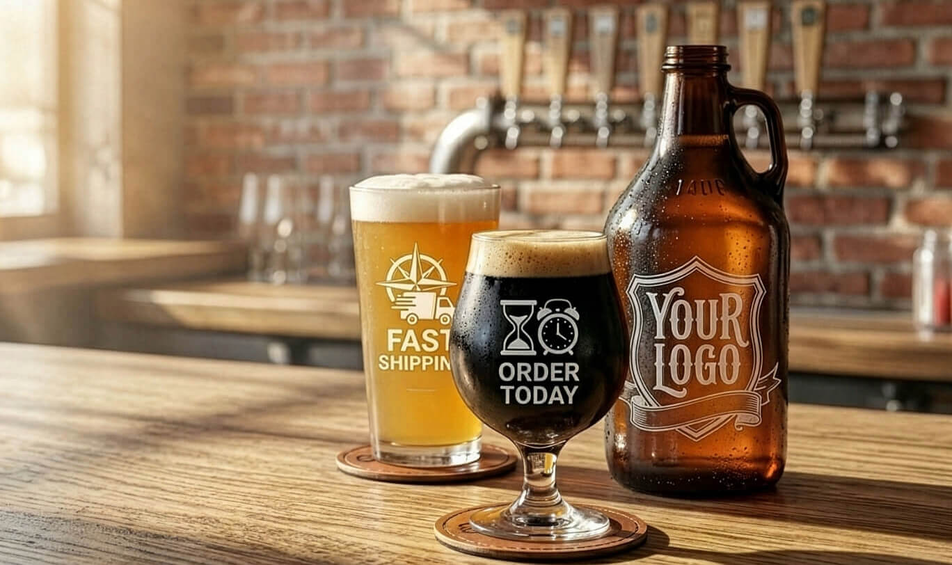 glass-and-growlers-sample-glasses-M Two custom-branded beer glasses and an amber growler on a wooden bar. One glass says 'Fast Shipping', another 'Order Today', and the growler says 'Your Logo'.