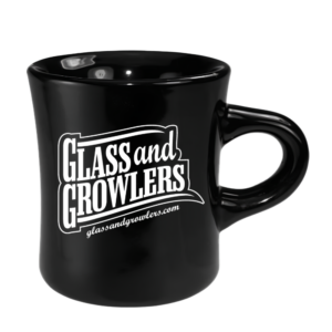 A black ceramic diner mug with a white 'Glass and Growlers' logo and 'glassandgrowlers.com' website address.
