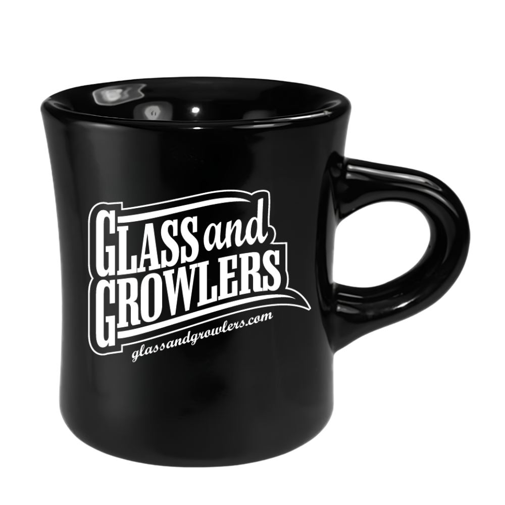 A black ceramic diner mug with a white 'Glass and Growlers' logo and 'glassandgrowlers.com' website address.