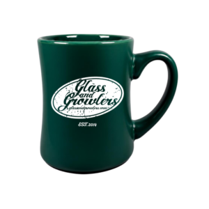 A dark green diner-style ceramic mug with a white distressed oval logo reading 'Glass and Growlers' and 'EST. 2014' on a white background.